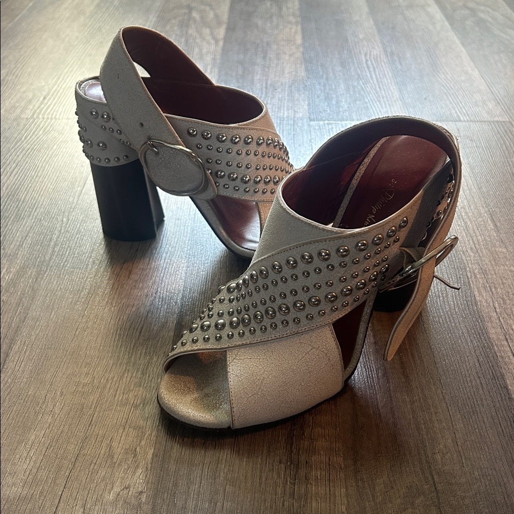 Phillip Lim Silver Stud Distressed White Leather Heels Mule